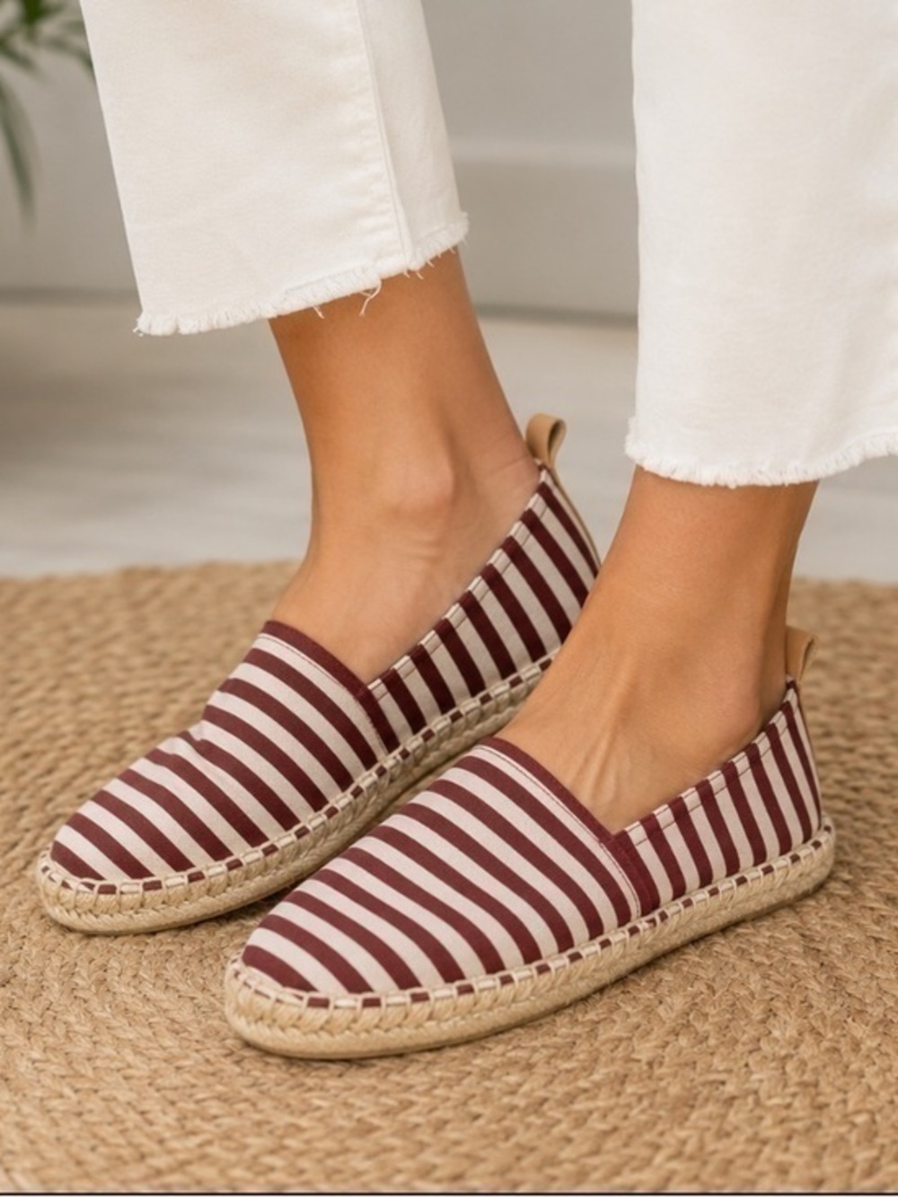 Agilis Barcelona Burgundy Stripe Canvas Espadrille Flats EU 39